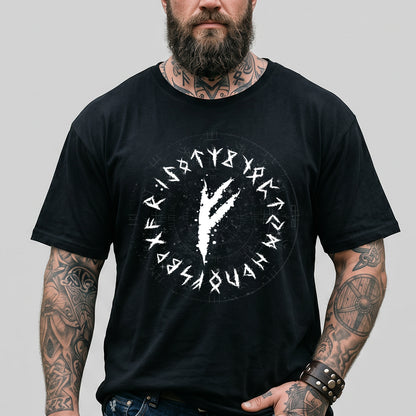 Man wearing a black t-shirt with a white viking rune design on a gray background