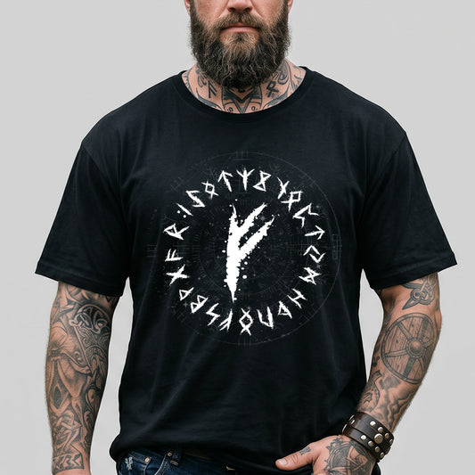 Viking Norse Rune Black T-Shirt for Men Elder Futhark Symbol Graphic Teeimg