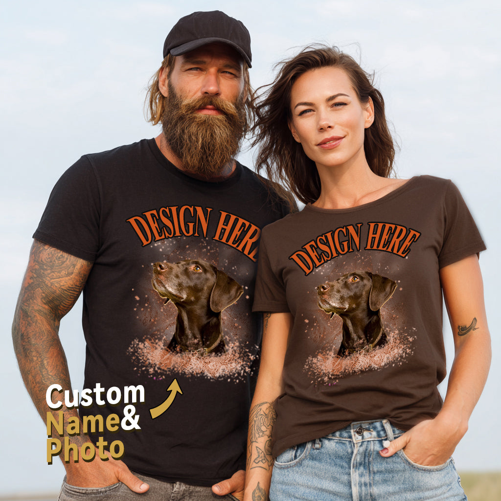 Man and woman wearing matching t-shirts with a dog graphic and 'Design Here' text.img