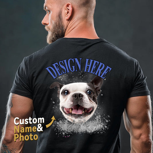 Man wearing a black t-shirt with a dog graphic and 'Design Here' text on the back against a dark backgroundimg