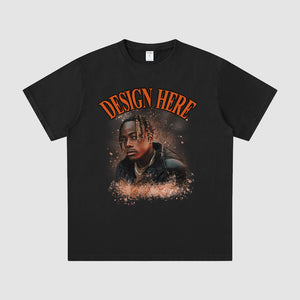 Black t-shirt with a graphic of a person and 'Design Here' text on a gray background