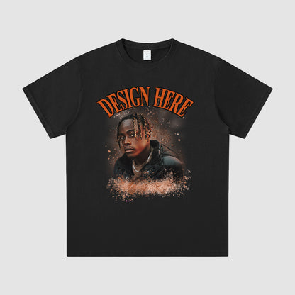 Black t-shirt with a graphic of a person and 'Design Here' text on a gray background