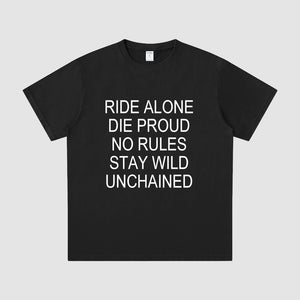 Black t-shirt with white text on a light gray background