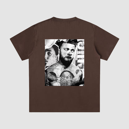 Brown t-shirt with a graphic design on the back featuring a person with tattoos.