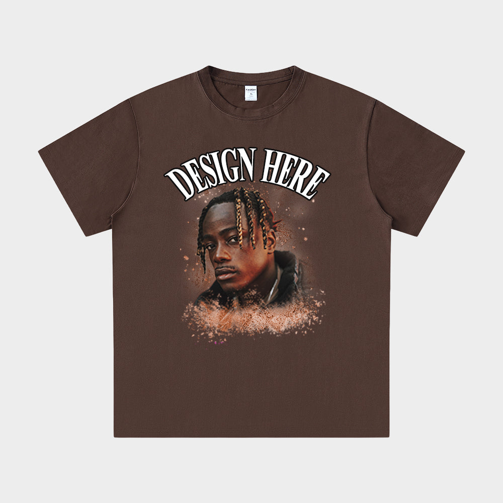 Brown t-shirt with a graphic of a person and 'Design Here' text on a white background