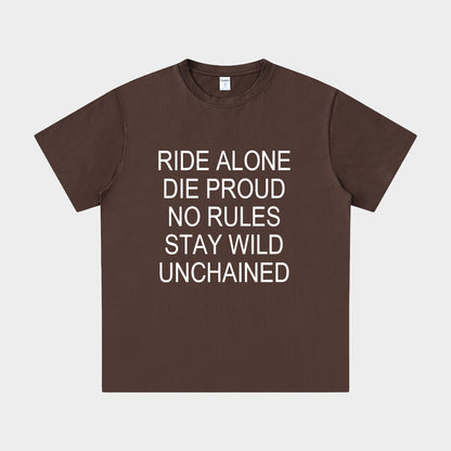 Brown t-shirt with white text on a light gray background