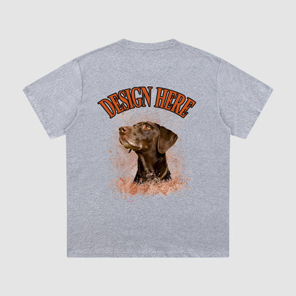 Gray t-shirt with a dog graphic and 'Design Here' text on the back against a white background