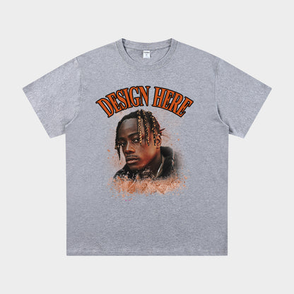 Gray t-shirt with a graphic of a person and 'Design Here' text on a white background