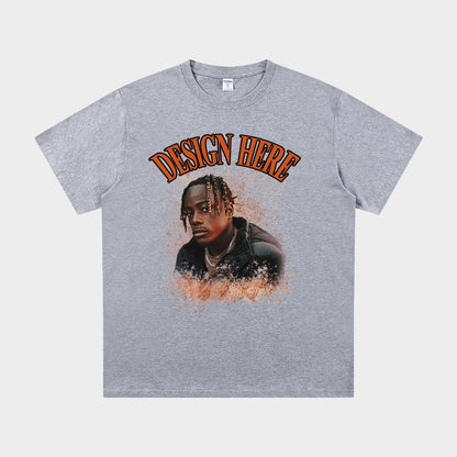 Gray t-shirt with a graphic of a person and 'Design Here' text on a white background