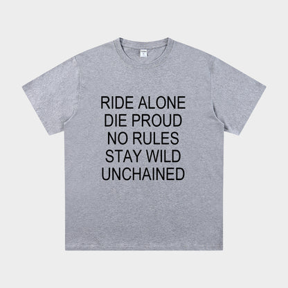 Gray t-shirt with black text on a white background