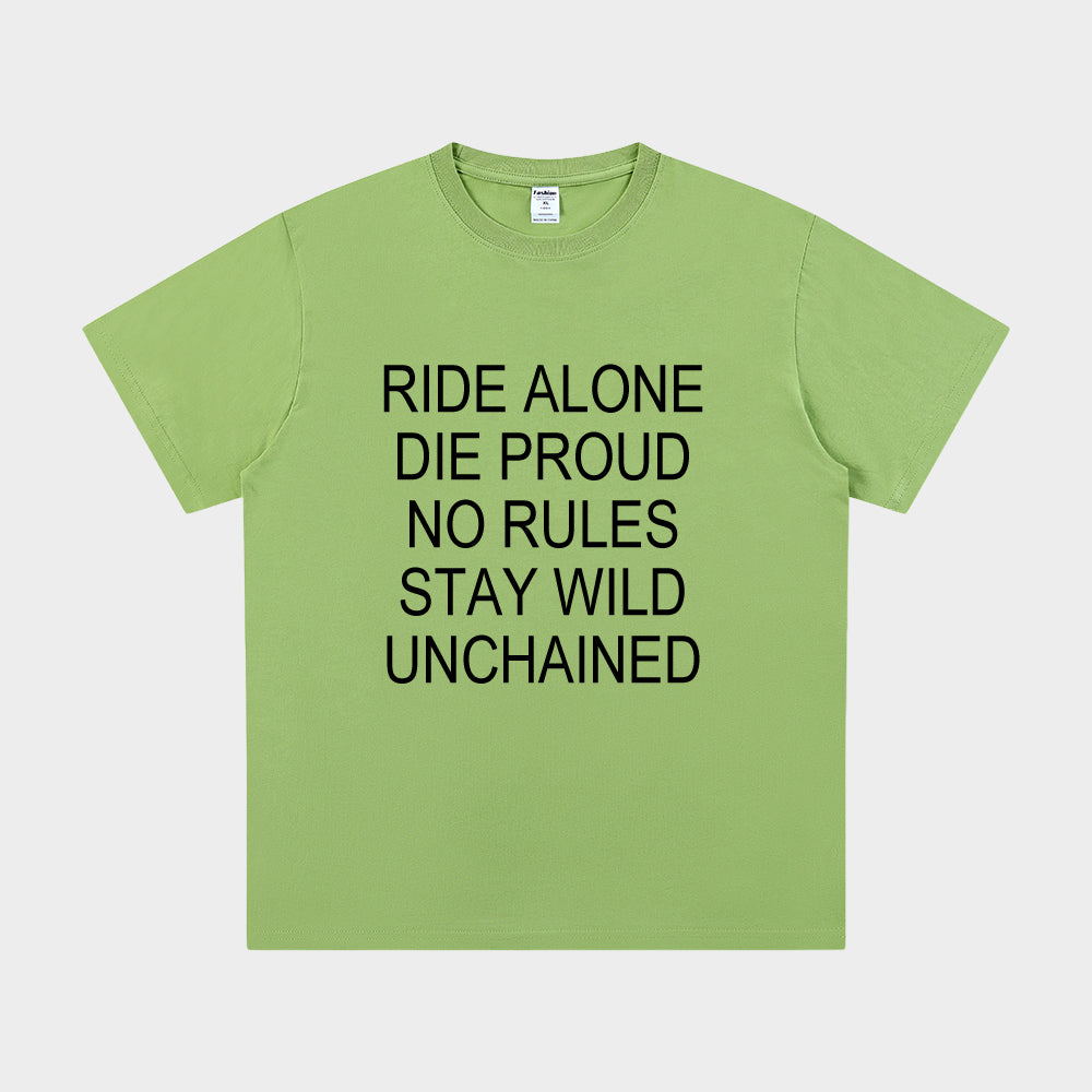 Green t-shirt with black text on a white background