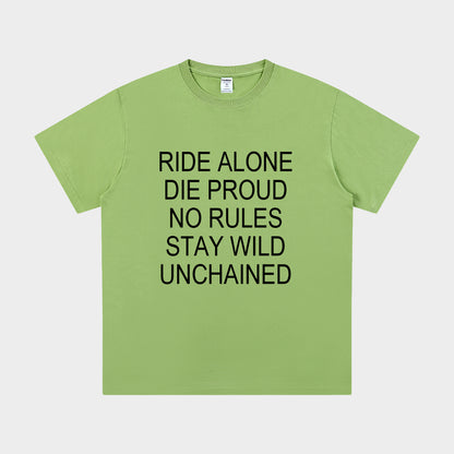 Green t-shirt with black text on a white background