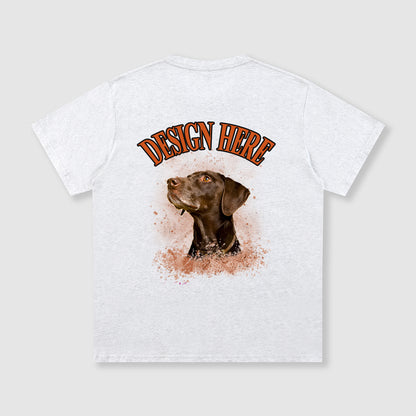 White t-shirt with a dog graphic and 'Design Here' text on a gray background