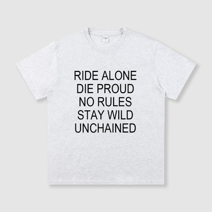 White t-shirt with black text on a white background