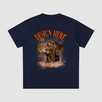 Navy blue t-shirt with a dog graphic and 'Design Here' text on a light gray background