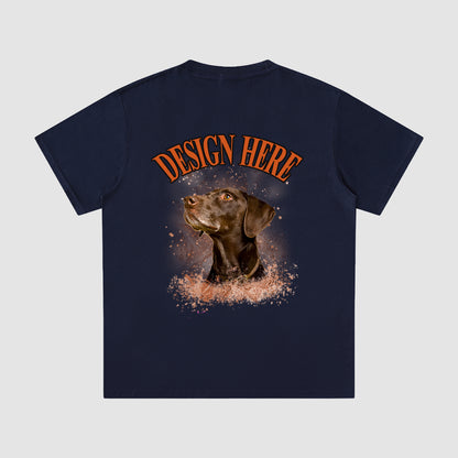 Navy blue t-shirt with a dog graphic and 'Design Here' text on a light gray background