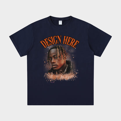 Navy blue t-shirt with a graphic of a person and 'Design Here' text on a white background