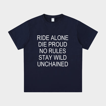 Navy blue t-shirt with white text on a light gray background