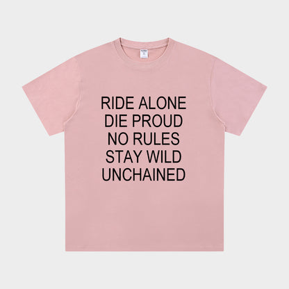 Pink t-shirt with black text on a light gray background