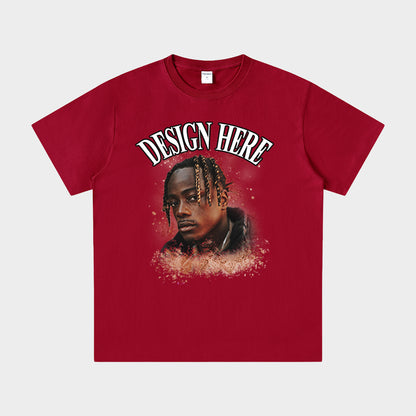 Red t-shirt with a graphic of a person's face and 'Design Here' text on a white background