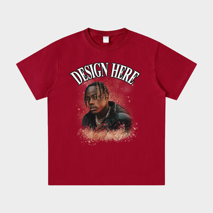 Red t-shirt with a graphic of a person and 'Design Here' text on a white background