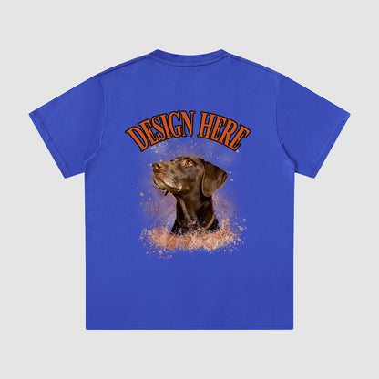 Blue t-shirt with a dog graphic and 'Design Here' text on a gray background