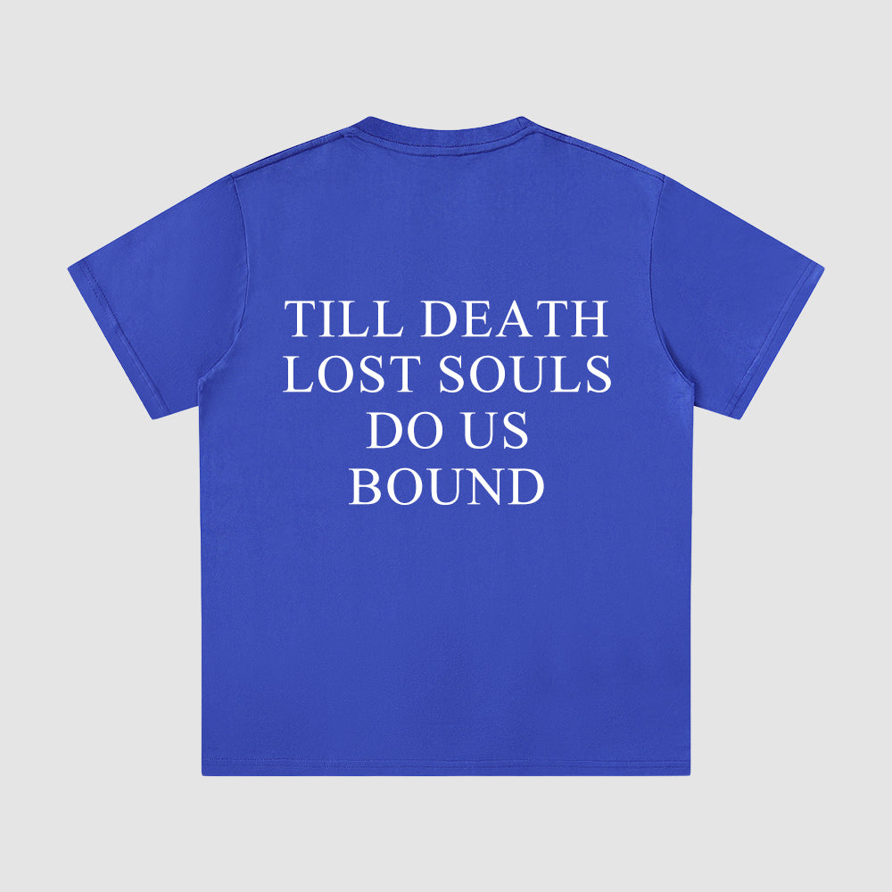 Blue t-shirt with white text on a gray background