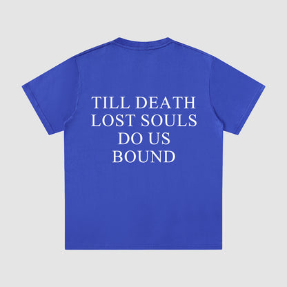 Blue t-shirt with white text on a gray background