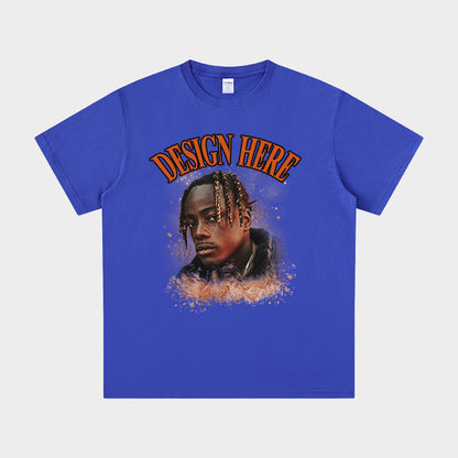 Blue t-shirt with a graphic of a person and 'Design Here' text on a white background