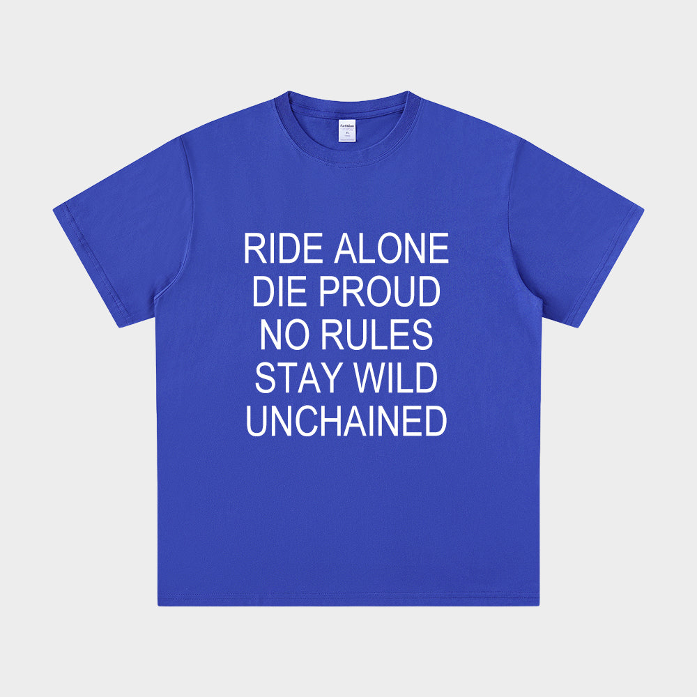 Blue t-shirt with white text on a light gray background