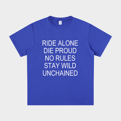 Blue t-shirt with white text on a light gray background