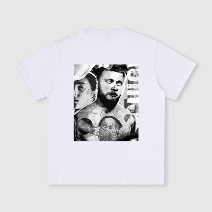 White t-shirt with a graphic design on a light gray background