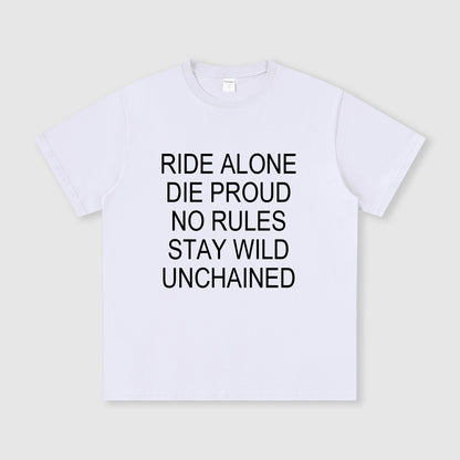 White t-shirt with black text on a light gray background