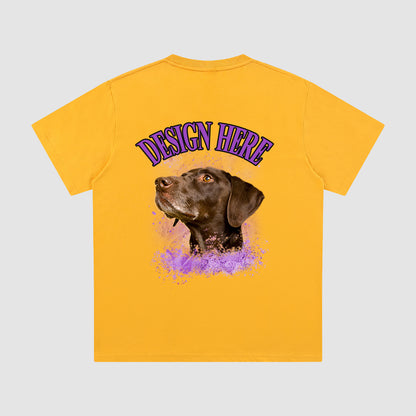 Yellow t-shirt with a dog graphic and 'Design Here' text on a gray background