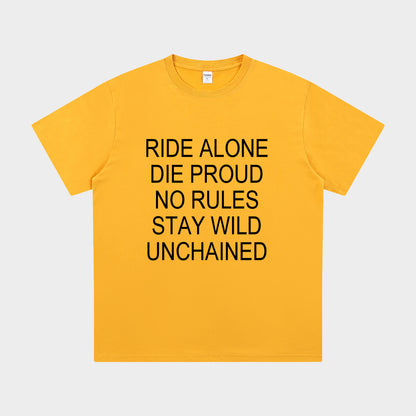 Yellow t-shirt with black text on a light gray background
