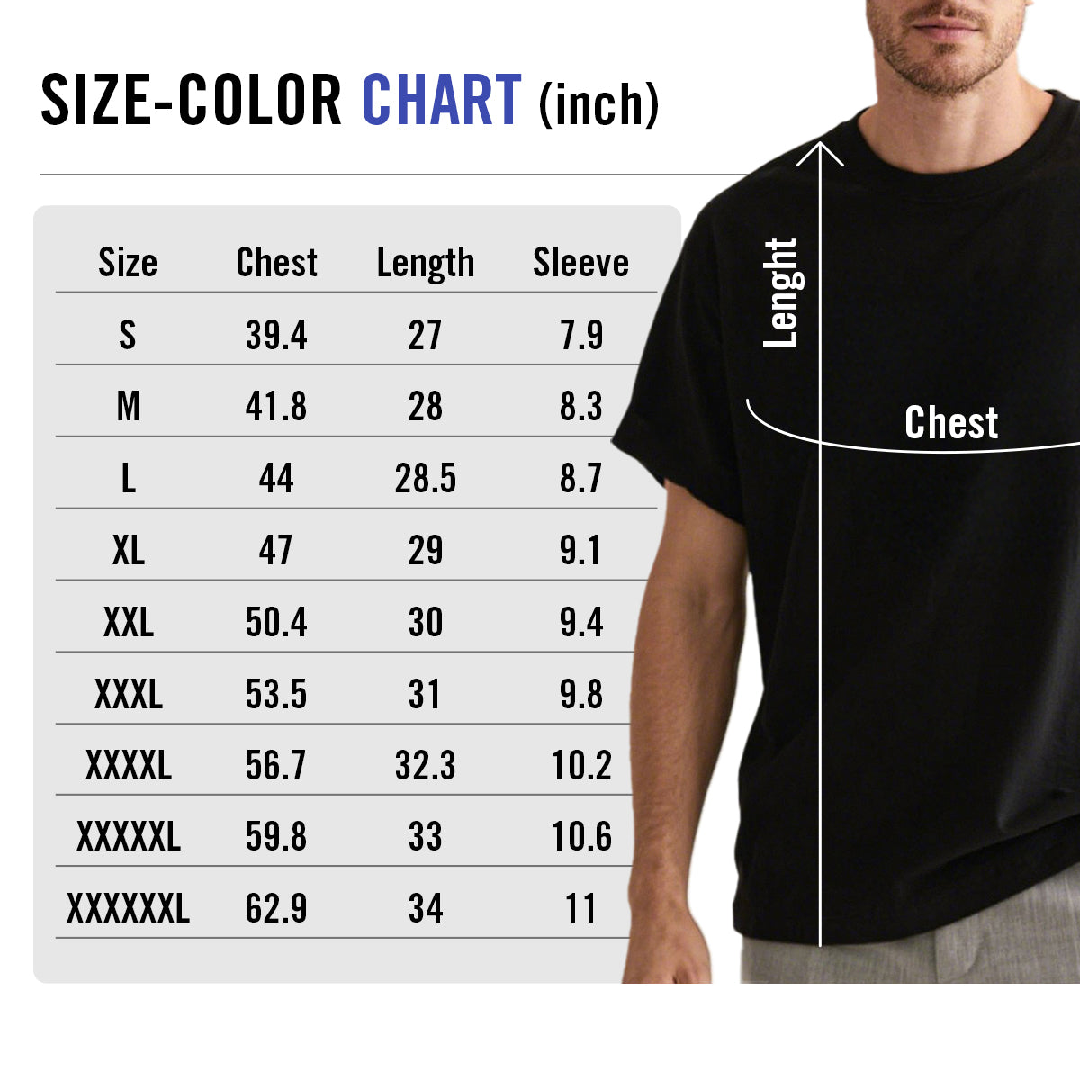 Tee for Men Boyfriend Gift-SIZE-COLOR CHART