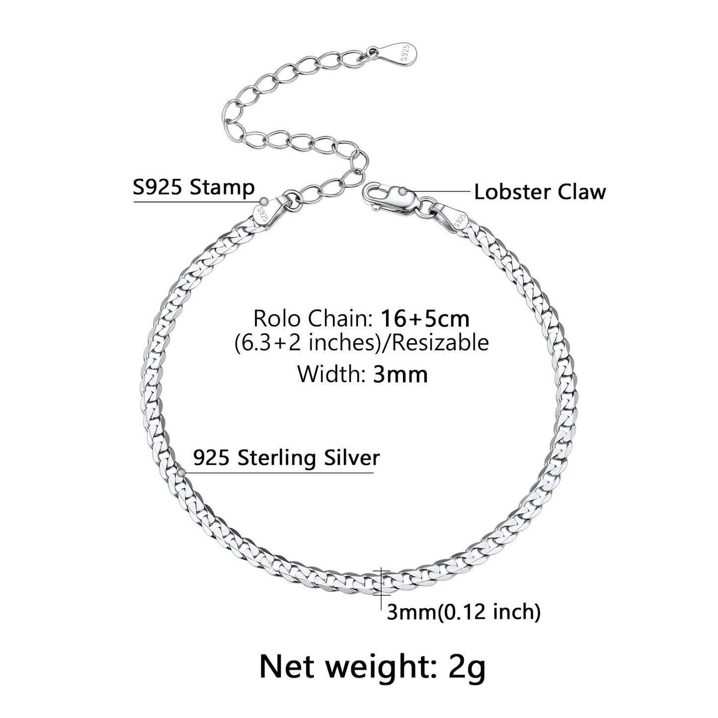 Silver bracelet with detailed specifications on a white background