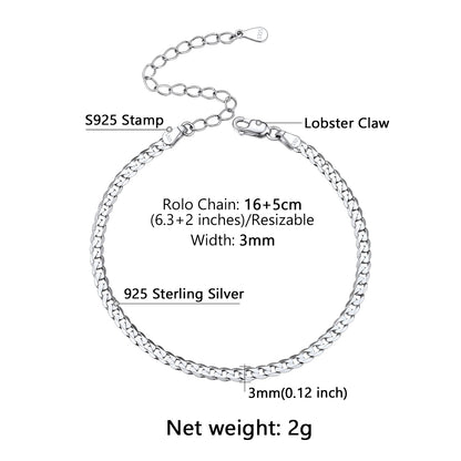 Silver bracelet with detailed specifications on a white background
