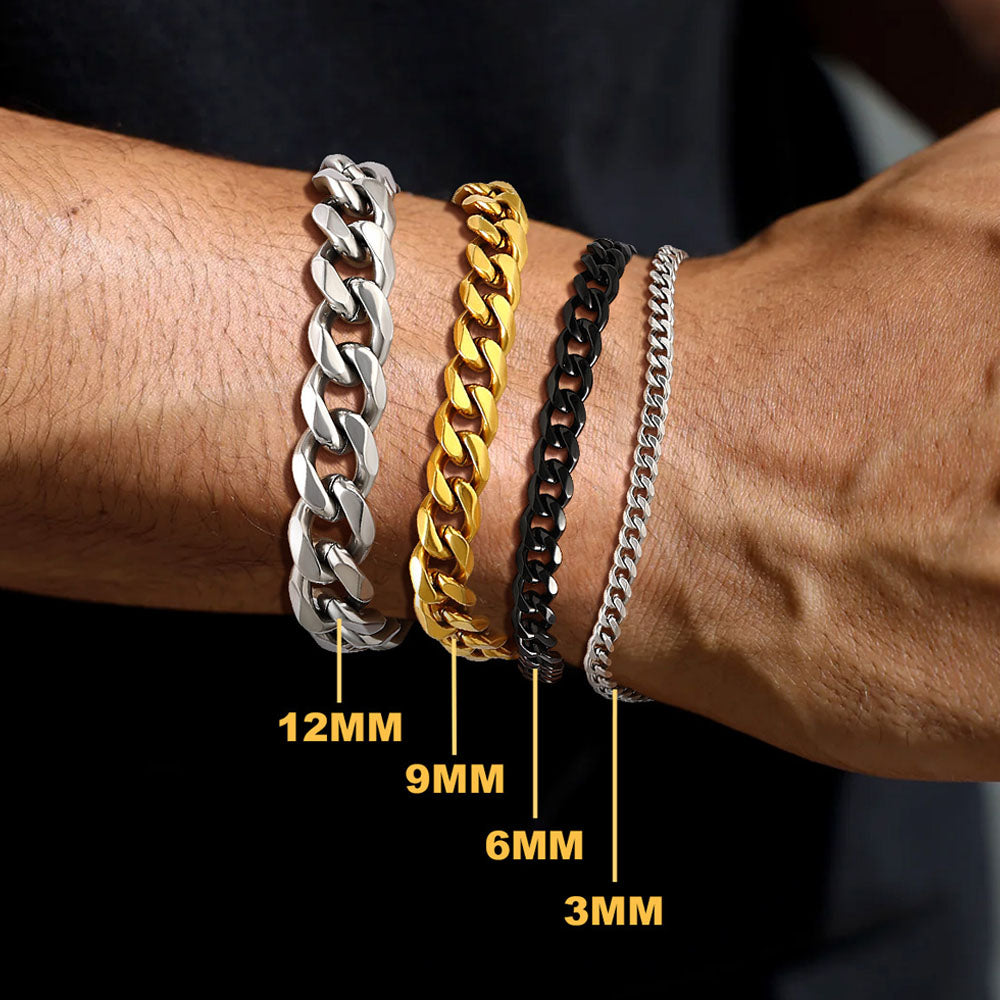 Four chain bracelets of different widths on a wrist with size labels.