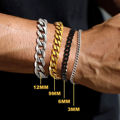 Four chain bracelets of different widths on a wrist with size labels.