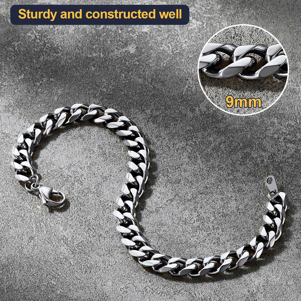 Silver chain bracelet on a textured gray background with close-up inset showing chain thickness.