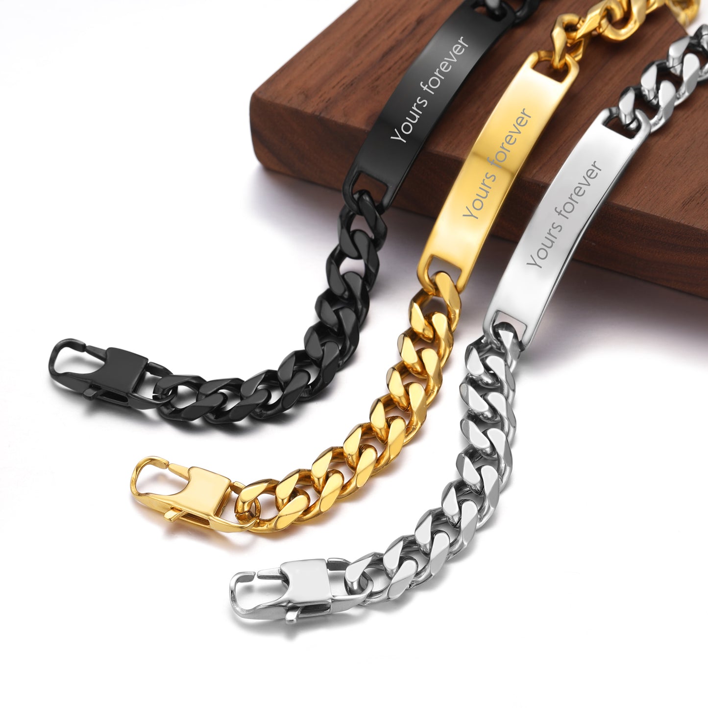 Customized Engraved ID Bar Cuban Chain Link Bracelet for Men