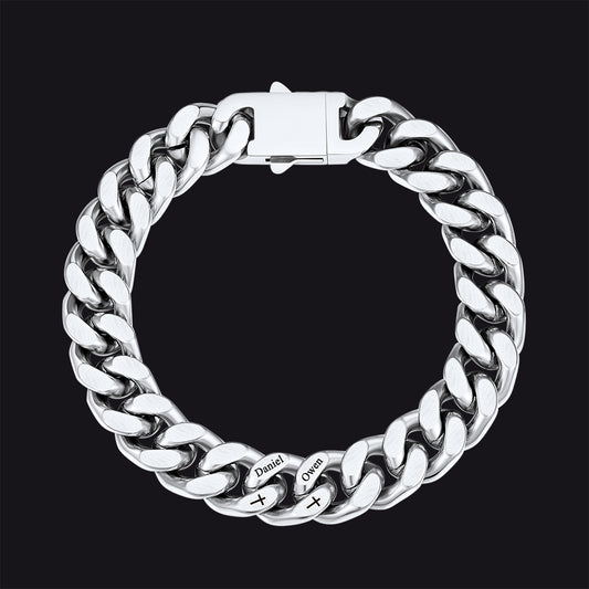 Silver Personalized Multi Names Cuban Chain Bracelet with Cross Gift for Him Mens, 12MM Widthimg