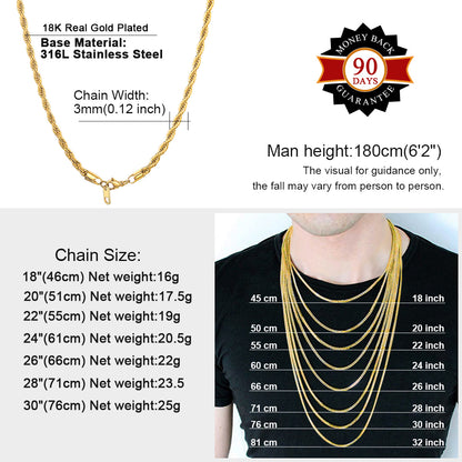 Twisted Rope Link Chain Necklace, 3/6MM Chain for Men