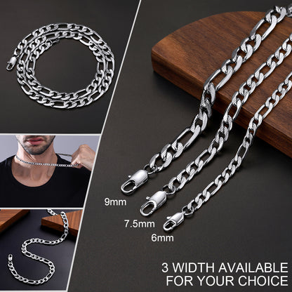 Silver chain necklace with different width options displayed on a dark surface.