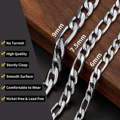 Figaro chain necklaces for men and women on a wooden surface with specifications listed.