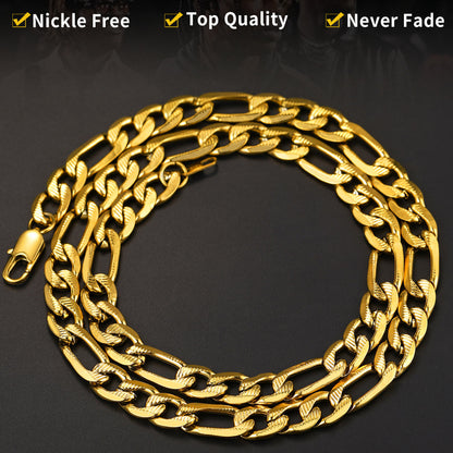 Gold figaro link chain on a black background with text highlighting features.