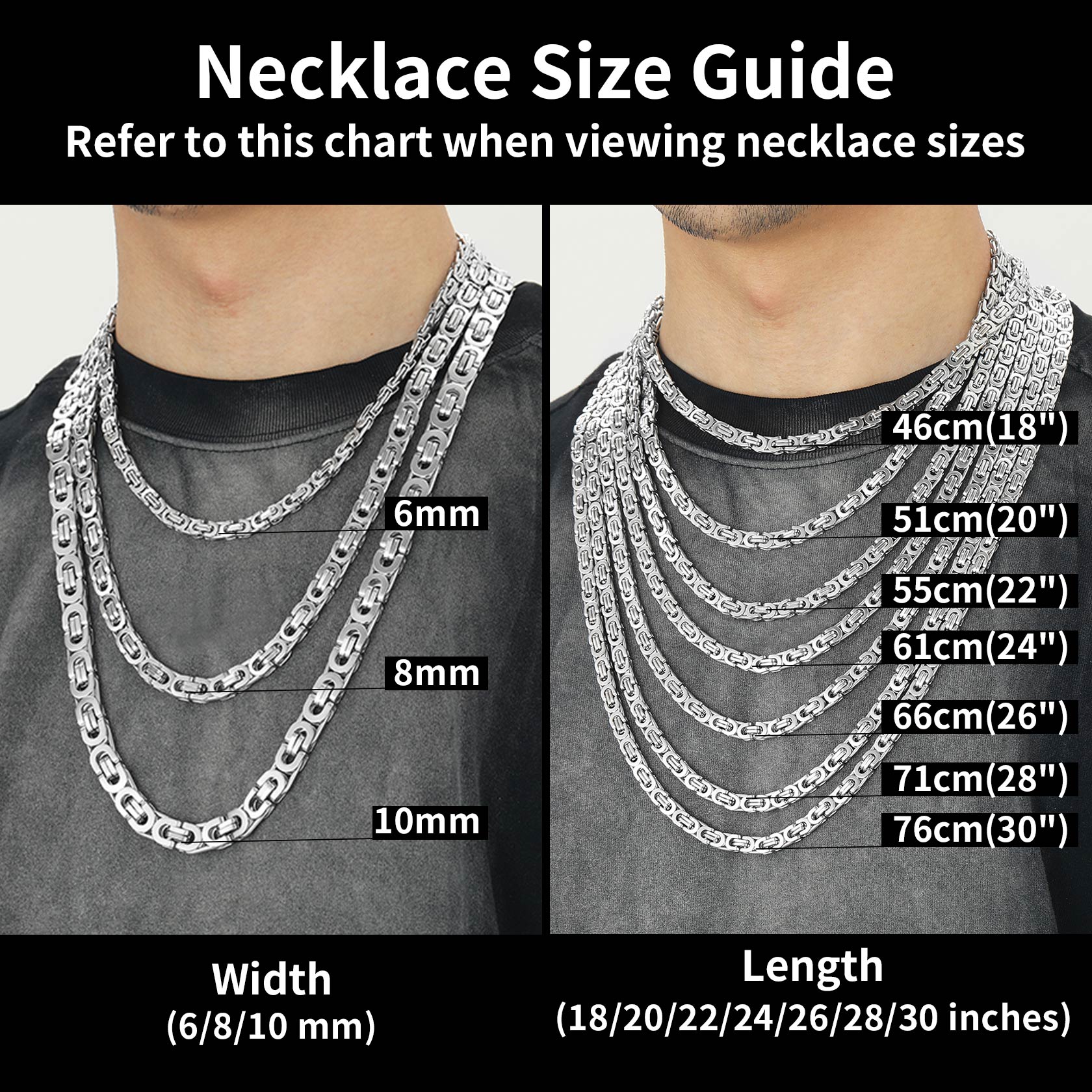Necklace size guide showing different chain widths and lengths on a person's neck.