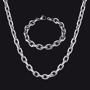 9MM Rolo Link Chain Necklace and Bracelet Set in Polished Stainless Steel for Men