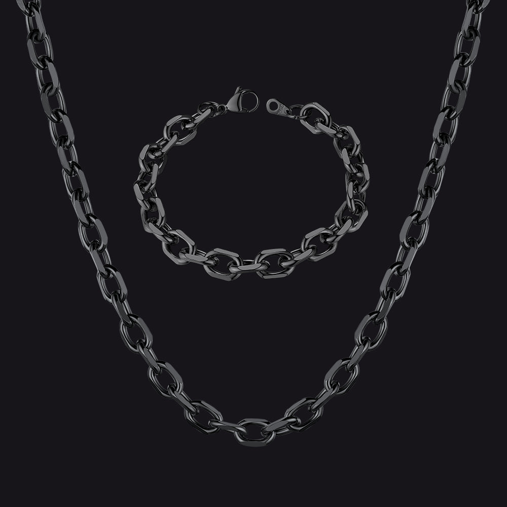 9MM Rolo Link Chain Necklace and Bracelet Set in Black for Men